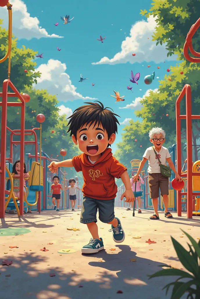 "A busy playground with ren playing.Desperate. In the background, a grandmother with a cane slowly approaches, with a confused expression. The scenery is colorful and vibrant, in a fun mood."