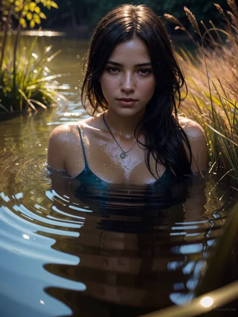 Close up portrait of a cute woman (glorious)  bathing in a river, reeds, (contrast), Realistic, masterpiece, environment, lens flare, shadow, bloom, [[chromatic aberration]], por Jeremy Lipking, by Antonio J. Manzanedo, Digital Painting,