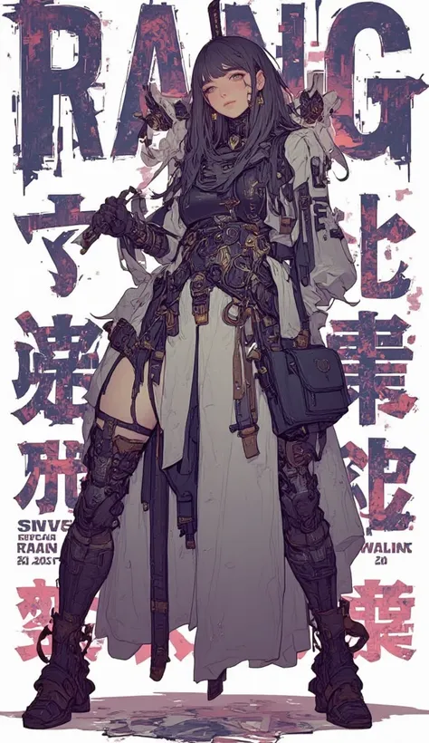 bright orang eyes ((pupils)), long clothe,((loincloth)),((pelvic armlet)),big sword blades, colorful,(((japanese text words))),tall,female, (english text:never give up),hips,boobs,long hair,outline, masterpiece,  ((main:rang background)),military equipment...