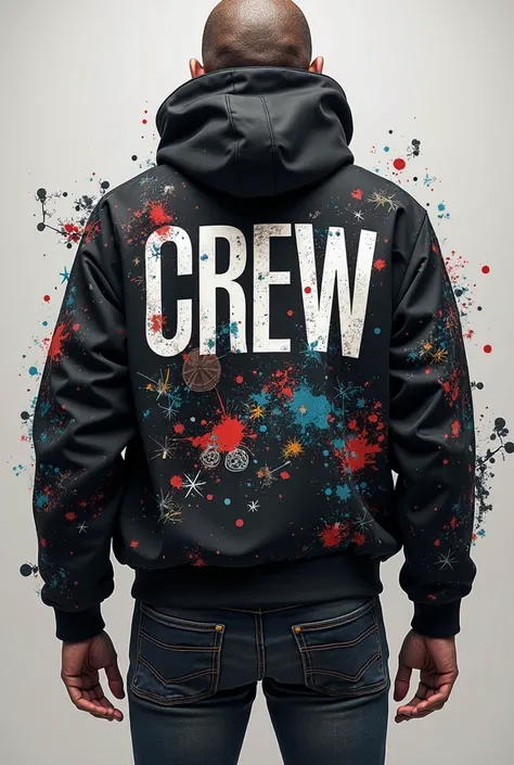 Multimedia backstage crew jacket design ( with the word crew ) and some designs ( mics and cameras but not too distinct ) and abstract designs