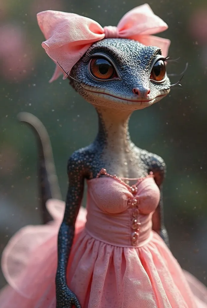 Female gecko standing black with a pink bow on her head and eyelashes and wearing a pink dress 