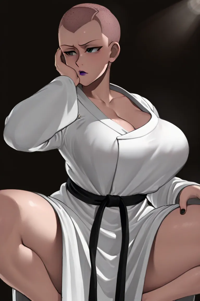 (best quality, masterpiece, 16k, Ultra High Definition, beautiful skin, professional lighting) girls 、(big breasts:1.5)、Japanese-style nuns、Robe、Shaved head、  squat with legs apart、 Back View Thin Body、side、Purple Lipstick、 black nails、 black background、 