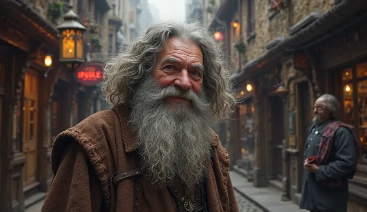 hagrid looking down at the camera in diagon alley with a sly and witty smile, detailed portrait, hyper-realistic, character portrait, elderly man, long beard, half-giant, wizard, diagon alley background, cobblestone street, wizarding shops, magical atmosph...