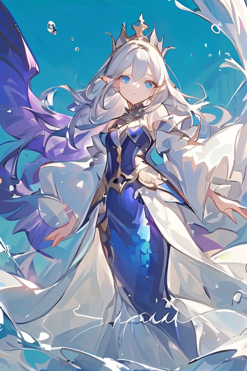 rating:safe, blue_eyes, 1girl, dress, long_hair, looking_at_viewer, breasts, english_text, cape, gloves, blonde_hair, holding, see-through, simple_background, silver_hair, white_hair, multicolored_hair, full_body, solo, hair_ornament, armor, grey_hair, bub...