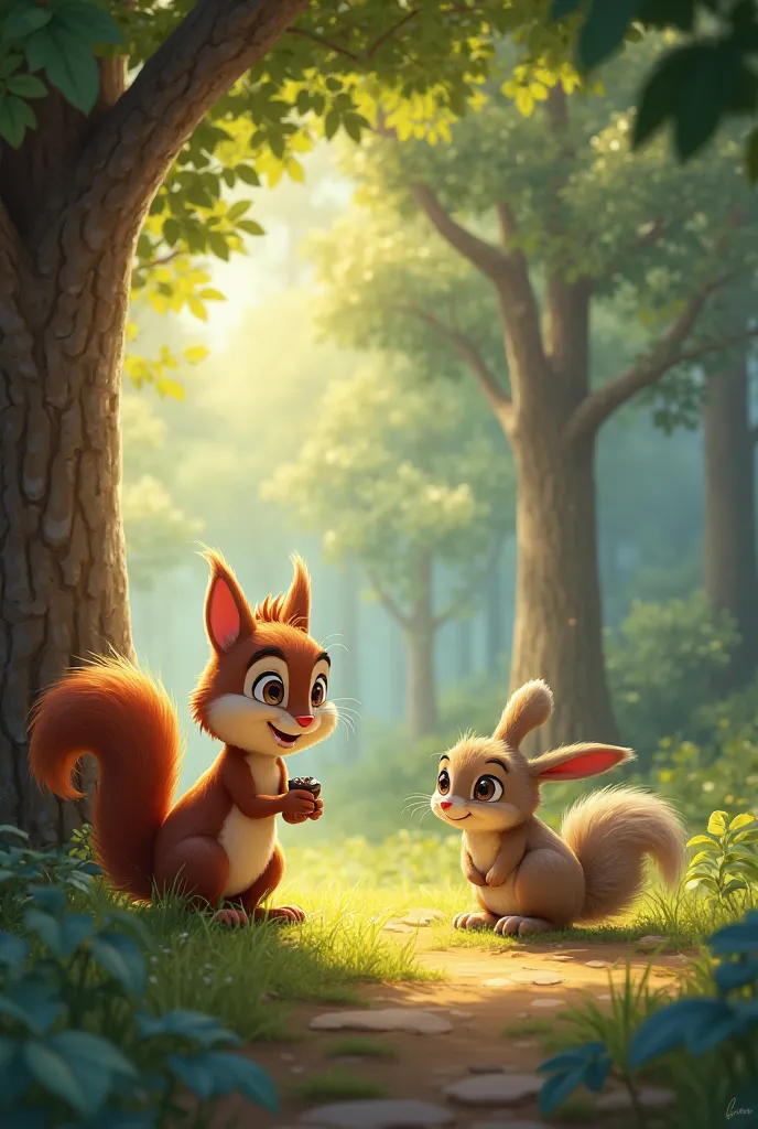 That’s a great idea! Here’s a breakdown of scenes to help you animate the story:

Scene 1: The Forest Introduction

Show a beautiful, lush forest with sunlight filtering through the trees.

Birds are chirping, and small animals like rabbits, deer, and squi...