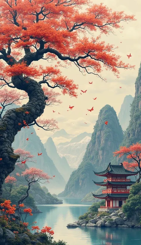 masterpiece. yin and yang. Asian Scenery Like a Movie's Spiral, , tree々, temple, null, Mountain々,  minimalism, Complex Shadow and Picture Drama, Magical Semirealistic Manga with Attention to Details, Beautiful Two Parts with Detailed Yin and Yang Drawn Ver...