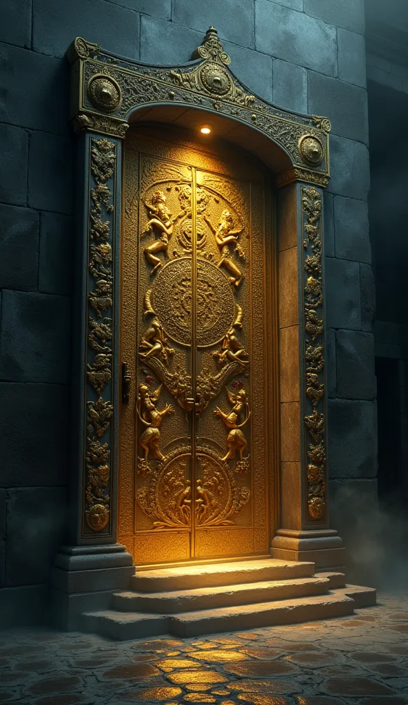 "An ancient, mystical temple door, covered in intricate golden carvings of deities and mythical creatures, glowing faintly with a supernatural light. The door is surrounded by mist and dark shadows, with an eerie, forbidden atmosphere. A faint glow escapes...