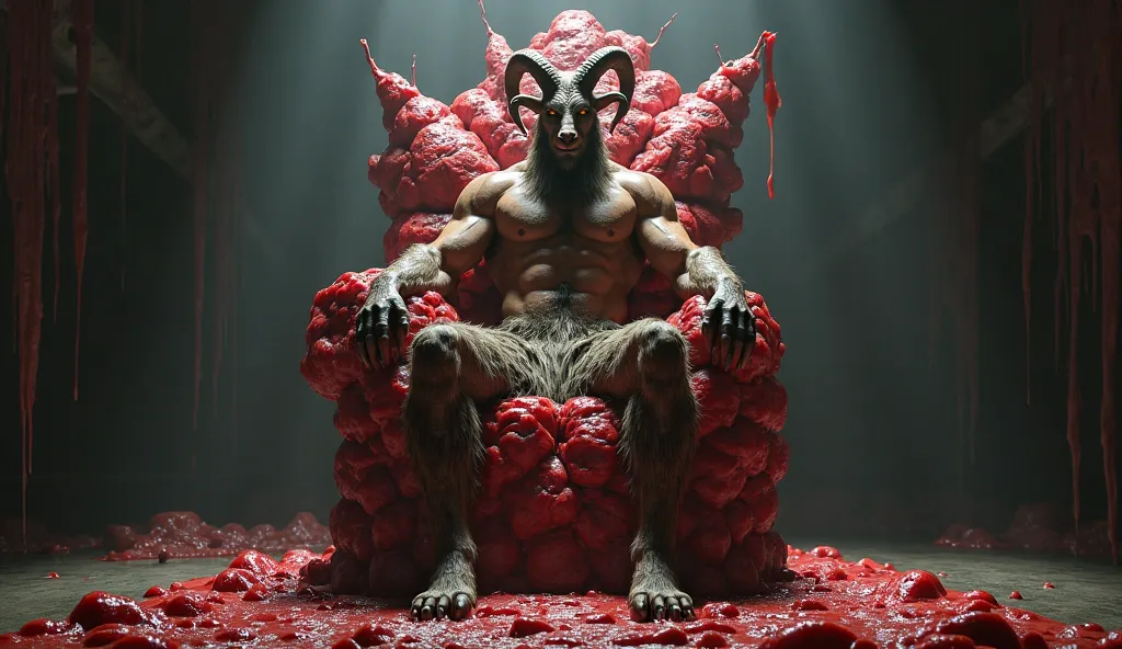 A goatman sitting on a meat throne 