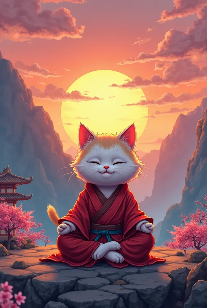 A transformative ninja kitten meditates in a mountainous area in a monastery after a beautiful sunset and views in the sky, In cartoon