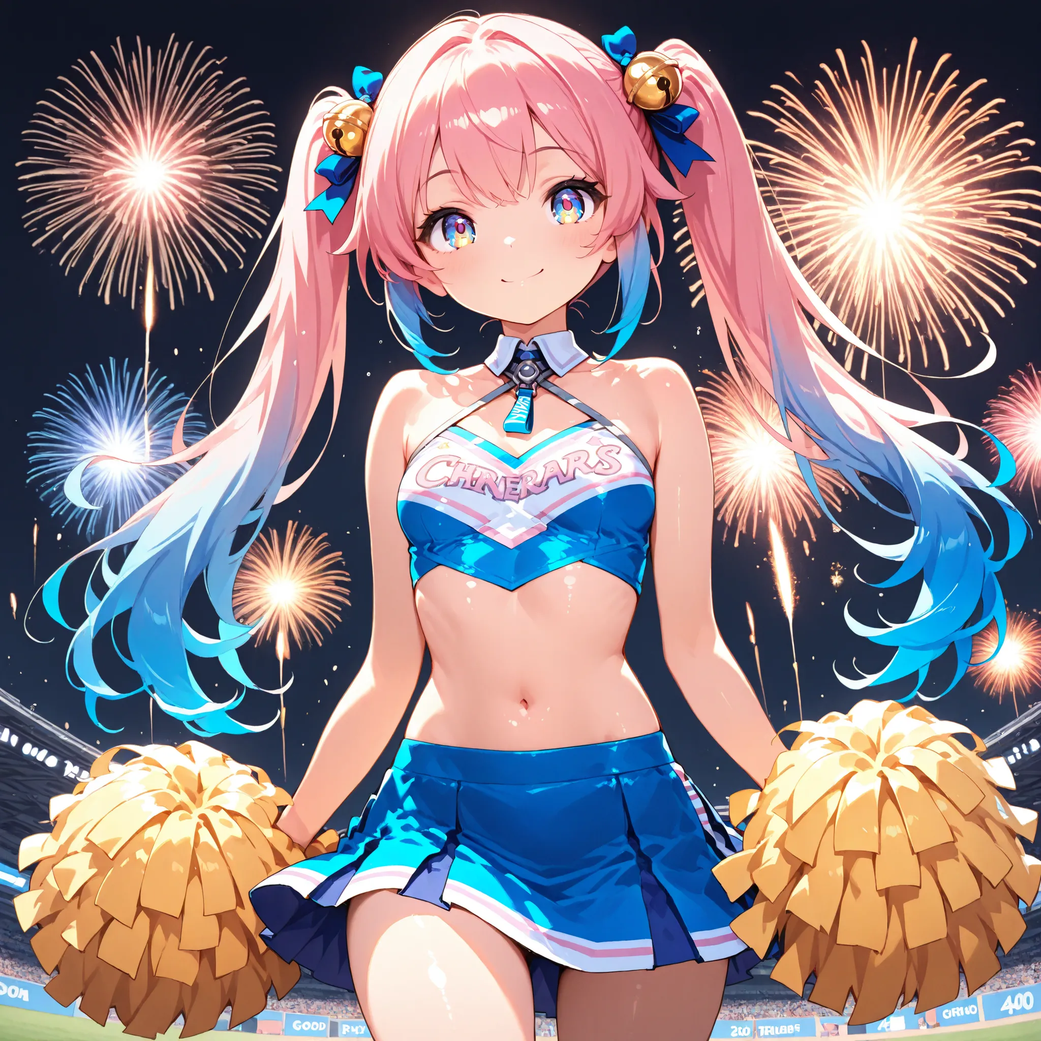 1girl,Twintails, Multicolored Hair, Shiny Hair, small Breasts, Blue eyes,Light Blush, Multicolored Eyes, Blue Hair, Hair Bell, Pink Hair, Smile, cheerleader outfit, fireworks displaying 400 followers,Ray Tracing, God Rays,