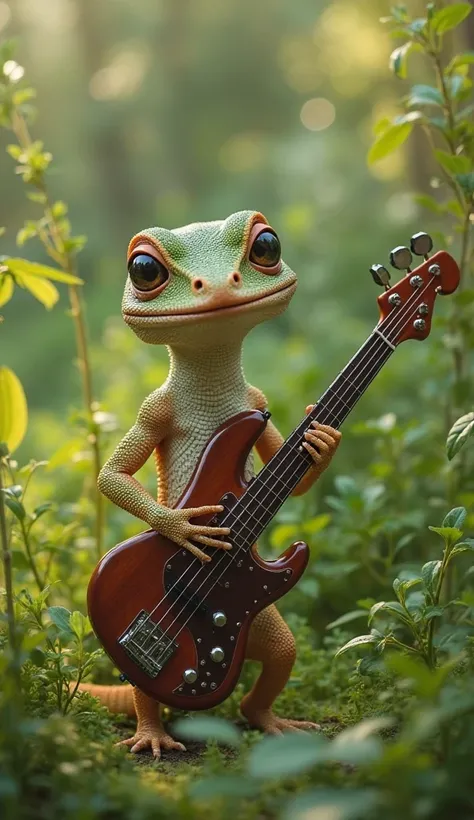 A hyper-realistic gecko standing in a lush green garden without flowers, holding a bass guitar with a natural and expressive stance. Its smooth, slightly textured skin glistens under the soft daylight, reflecting subtle hues of green and brown. The gecko's...