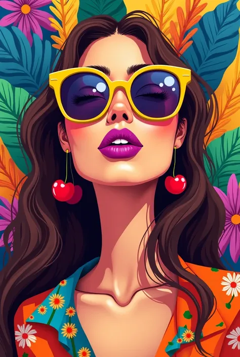 vibrant and colorful digital illustration in vector of a woman with long brown hair wearing yellow-framed sunglasses. She has bold purple lips and cherry-shaped earrings. Her outfit features warm colors with floral patterns. The background is filled with a...