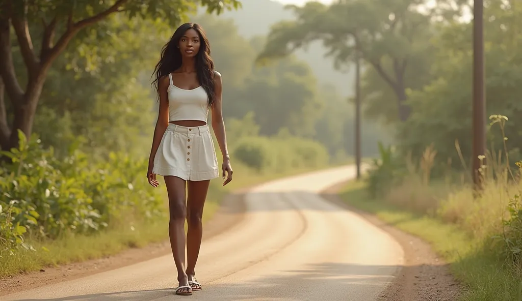 Make an 18-year-old African woman, with soft features, straight long hair, wearing white miniskirt and white top, wearing sandals and walking down a road