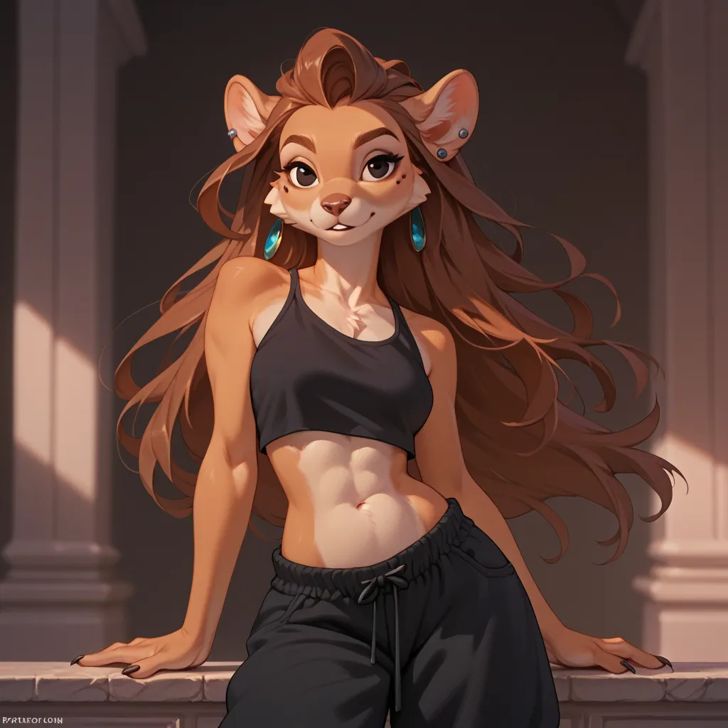 roxanne, furry female, 1girl, brown hair, long hair, solo, earrings, black eyes, crop top, baggy pants