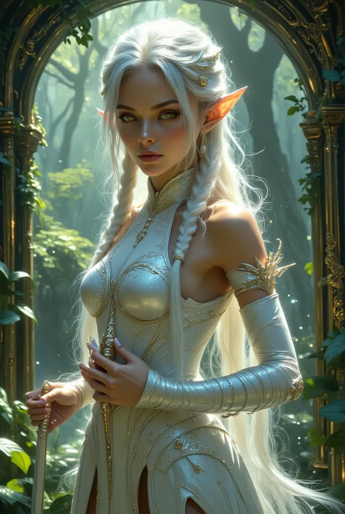 A 25-year-old Elf, golden-gold eyes, Half-length silver-white hair braided two big pigtails on each side. She is wearing full silver elven armor, épée en main.