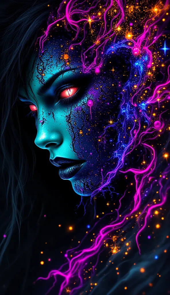 1 fille, belle magnifique fille d'ébène aux beaux yeux clairs avec de longs cheveux. tatouages sur le visage et le corps multicolores graffiti psychédélique luminescent phosphorescent fluo coloré fantastique surréaliste exotique à côté d'un lion majestueux...