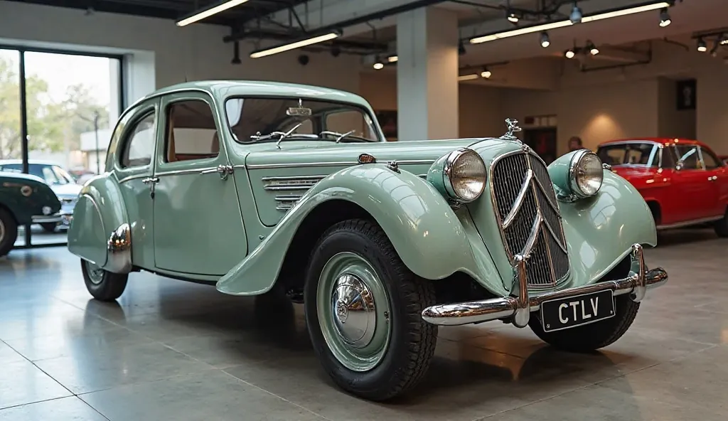 "A beautifully restored vintage car sits in a modern showroom, its timeless curves blending classic elegance with contemporary refinement. The iconic Citroën emblem hints at a rich history, while the custom license plate ‘CTLV’ suggests a mysterious story ...