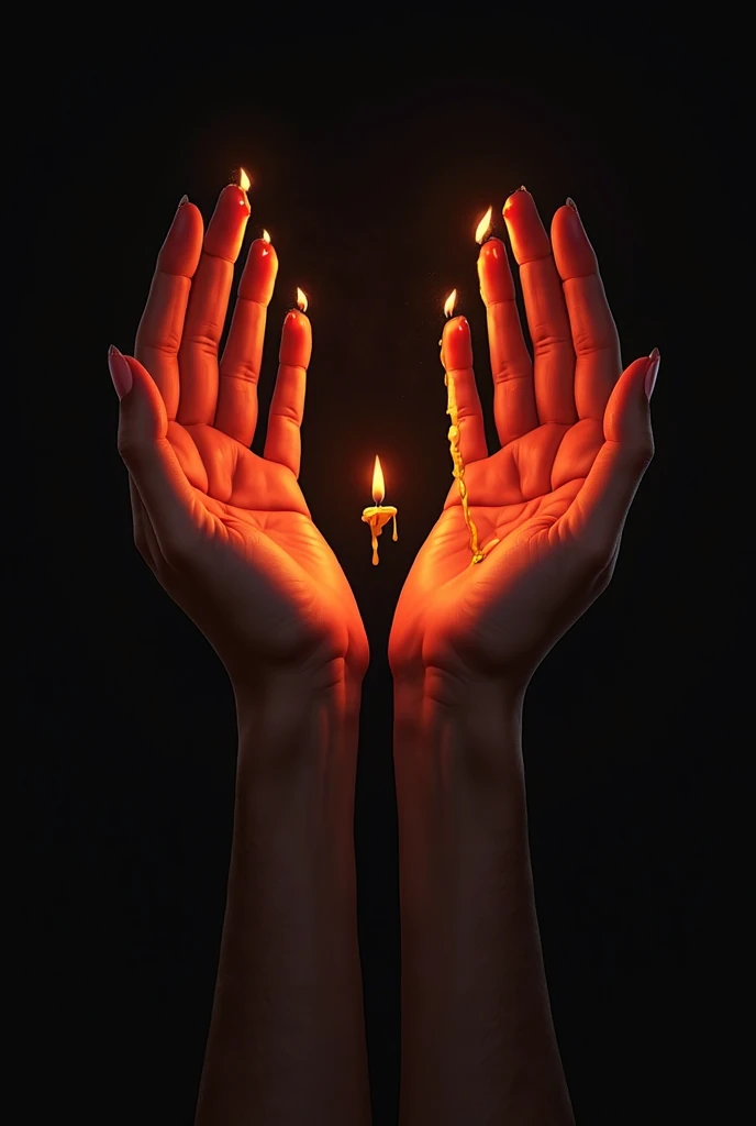 Two hands are depicted on a black background, , the candle fire stretched out with. However, instead of a human hand, her fingers are made of candles, which are gradually melting, flowing down with drops of wax. is red, but it slowly fades.
At the bottom i...