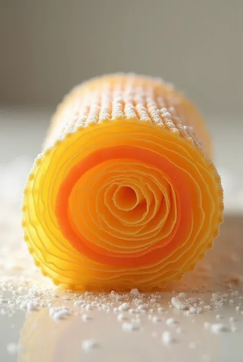 Roll cake, very thin layers of pasta and guavada, golden dough with sugar on top