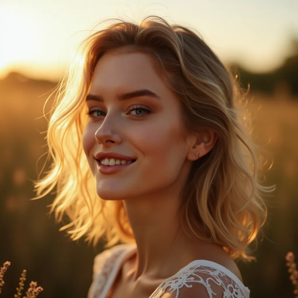 Une jeune femme aux cheveux châtain cuivré clair, capturée en pleine nature, éloignée de l'objectif. Elle se tient dans un cadre lumineux, regardant le soleil avec une expression paisible. Plus de la moitié de son visage est visible, baigné par une lumière...