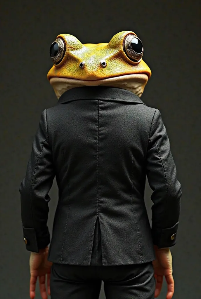 An extremely realistic cururu frog, with a slight yellowish tint on the textured skin and moist head, wearing an elegant and well-fitting dark suit (black or dark gray) with visible seams and high-quality fabric. The frog has its back to the camera