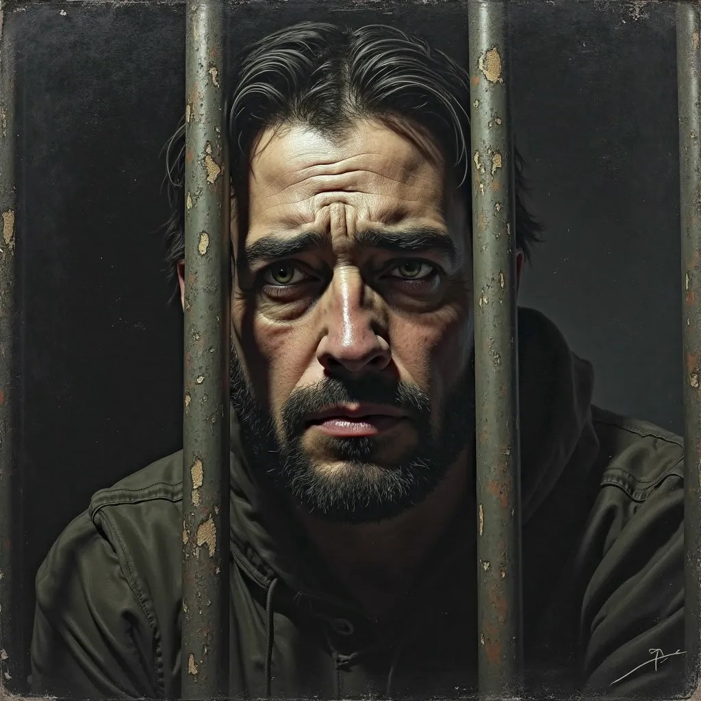 Create an image of a man behind bars with an expression of pain looking intently, Make it look like an album cover,  oil effect, that it can be seen a little farther away