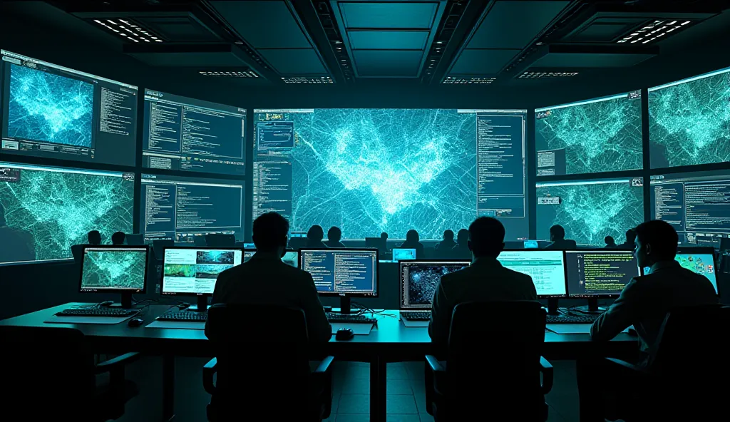 A high-tech control room filled with multiple computer screens showing maps of Jakarta, lines of code, and live surveillance footage. The room is dimly lit with blue and green neon lights, giving it a cyberpunk atmosphere. In the center of the room, a larg...