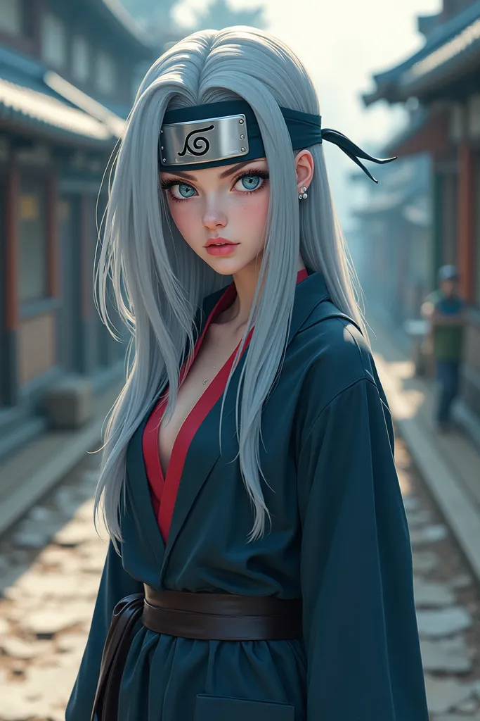 Naruto version, 21 years old American girl with long straight hair, bright deep gray, grayish blue eyes, snow white skin, plump coral colored lips, wears a Ninja suit and a ninja bandana on her head