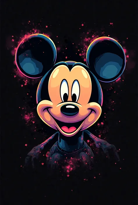 - T-shirt art, 2D, ((black background: 1, 5)), vector, vivid colors, with micky character, best quality, perfect symmetrical face, realistic details