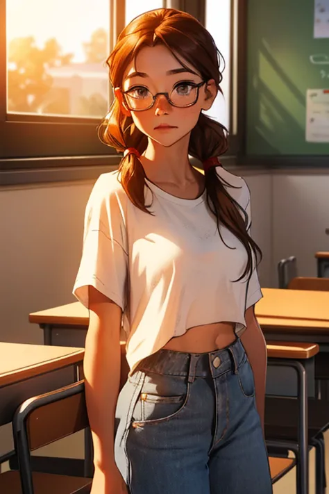 Name: Yule Amyson,Age: 19, Appearance: Freckled fair skin, reddish-brown hair in twin ponytails, amber eyes behind thin rectangular glasses, often wears casual oversized T-shirts and skirts/jeans with a cream headband. dynamic pose, sam yang, afternoon sch...