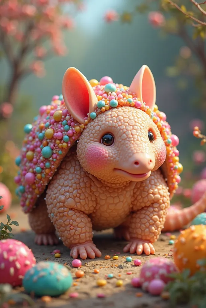 Um animal Tatu, fofo, made of sweets, in a more realistic 2D drawing