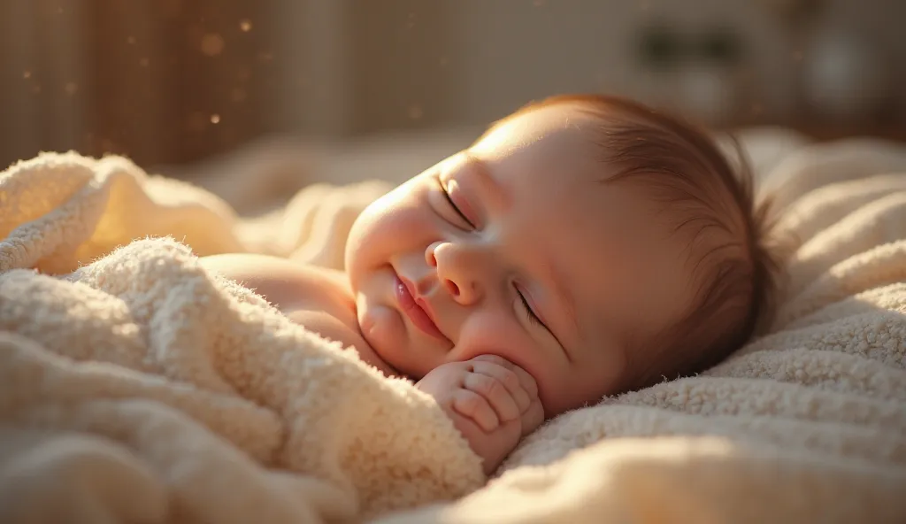 baby falls asleep, smiles,calm face ,  peaceful expression , comfortable posture,  Soft blanket , warm bedroom, soft light illuminates,  Quiet atmosphere ,  studio photography , oil paintings , high resolution,  extreme detail , soft colors, delicate light...