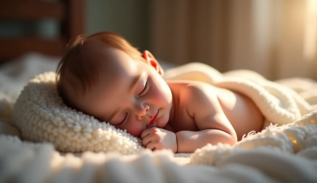 baby falls asleep, smiles,calm face ,  peaceful expression , comfortable posture,  Soft blanket , warm bedroom, soft light illuminates,  Quiet atmosphere ,  studio photography , oil paintings , high resolution,  extreme detail , soft colors, delicate light...