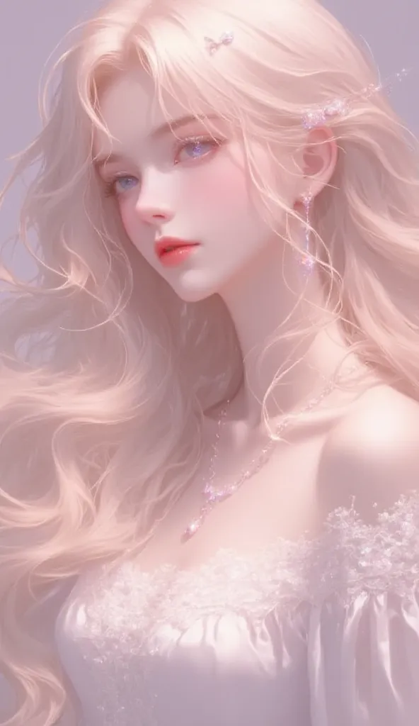 A beautiful anime girl with long, flowing rose-gold hair and soft violet eyes. She wears a delicate lace choker and a silky, elegant blouse, her lips slightly parted as if lost in a dream.