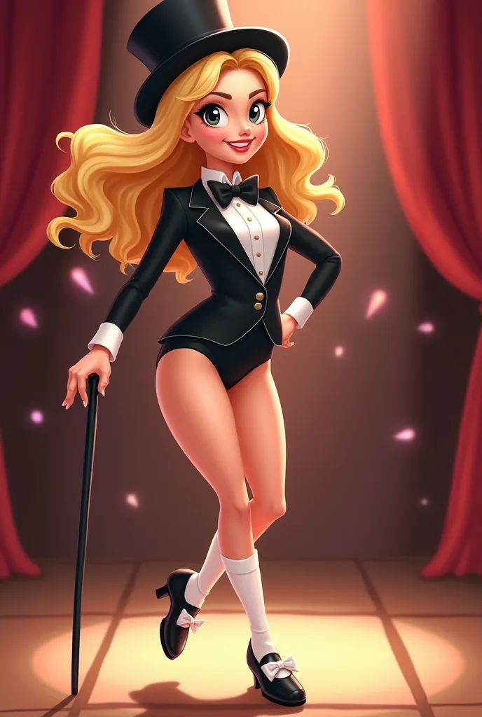 Cartoon sexy white blonde woman in her 20s in a black tuxedo jacket leotard, white button shirt under her black tuxedo jacket, white socks, and black Mary Jane tap shoes,, tap dancing on stage, cartoon sexy, white bow on the front part of her tap shoes, bl...