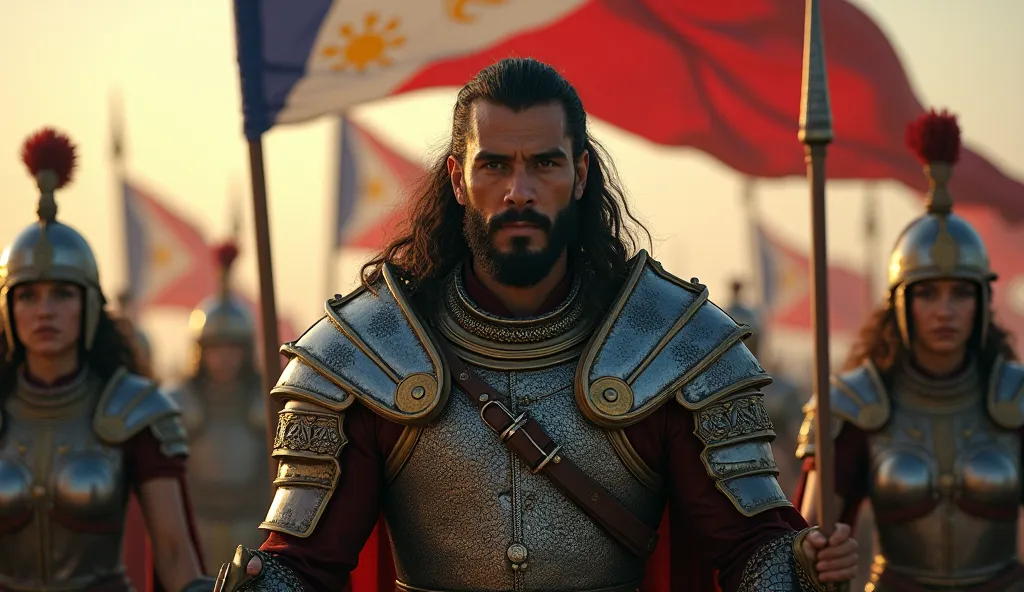 "An epic, cinematic scene of warriors in ancient battle costumes, inspired by medieval aesthetics mixed with Asian elements.  in the center, a warrior with a beard and long hair looks with a determined expression, wearing detailed metallic armor with ornam...