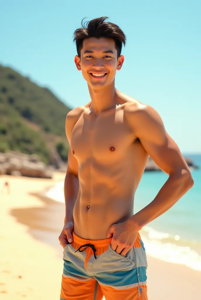 Young Jincheng Wu，Smile，strong，Wear Swim Pants，Sunshine Beach ，Realistic photos