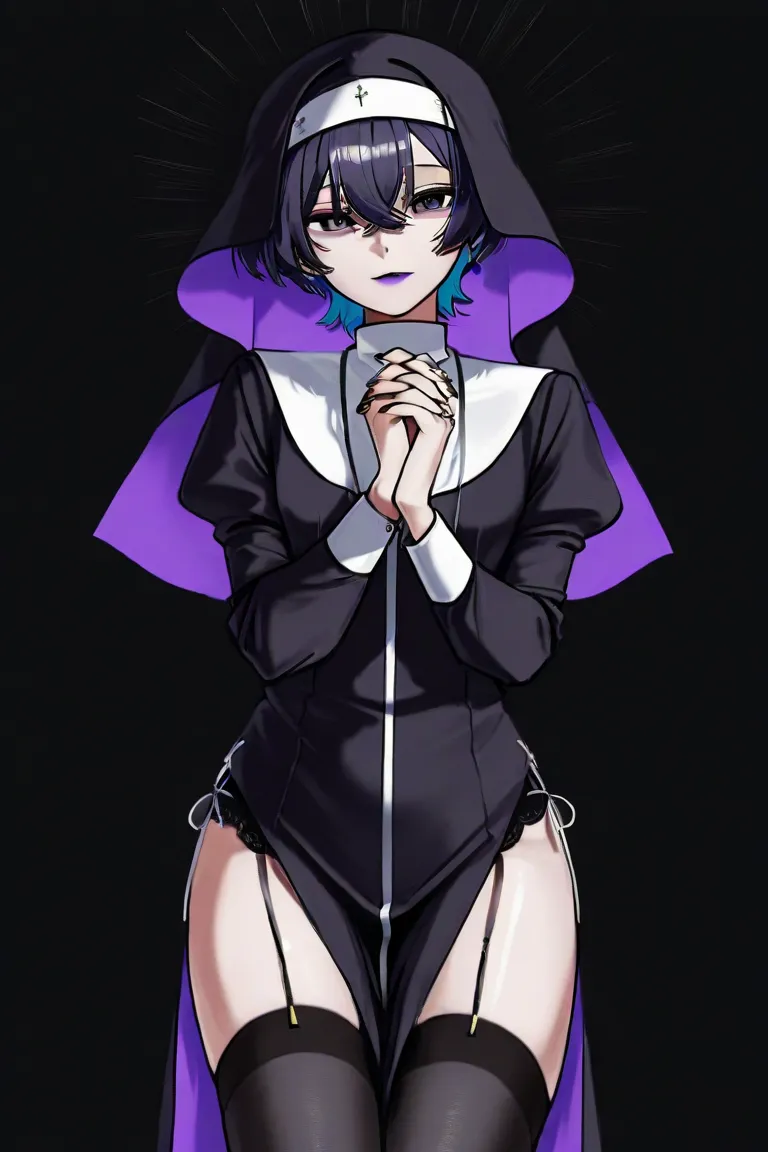   inner color purple,  short hair, Navy Hair, ãã “ã¼ ã, nun , adults 、  open your legs and crouch、  black stockings、  slender body、side、Purple Lipstick、 black nails、  flat at honny 、  black background、