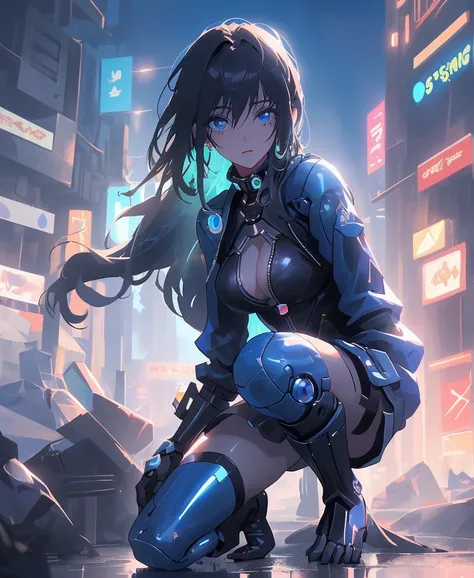 (masterpiece), (top quality), super high resolution, Sharp focus, (( 1 female, alone)), full body, detailed face、Sparkling detailed blue eyes、 cyberpunk theme , Beautiful Detailed Hair, dark blue hair, Long hair hanging down,  high knot ponytail、beautiful ...