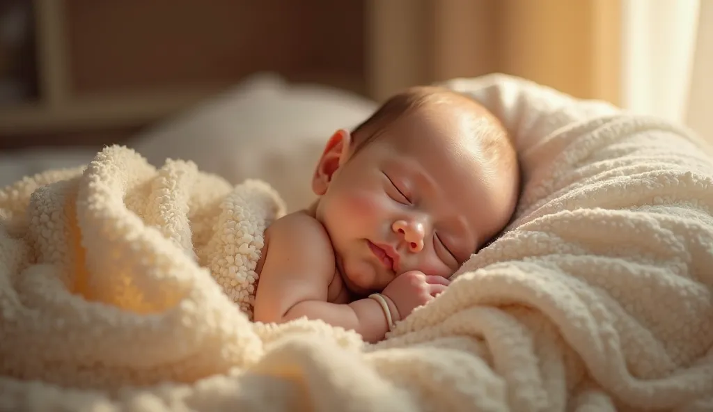 baby falls asleep, smiles,calm face ,  peaceful expression , comfortable posture,  Soft blanket , warm bedroom, soft light illuminates,  Quiet atmosphere ,  studio photography , oil paintings , high resolution,  extreme detail , soft colors, delicate light...