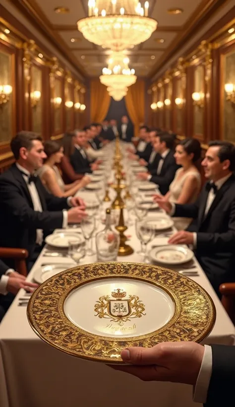 First-person perspective You are serving dinner in the luxurious first-class dining room of the Titanic. In your hands you hold an exquisite porcelain plate decorated with gold and a coat of arms in the center. In front of you, a long table is set with sil...