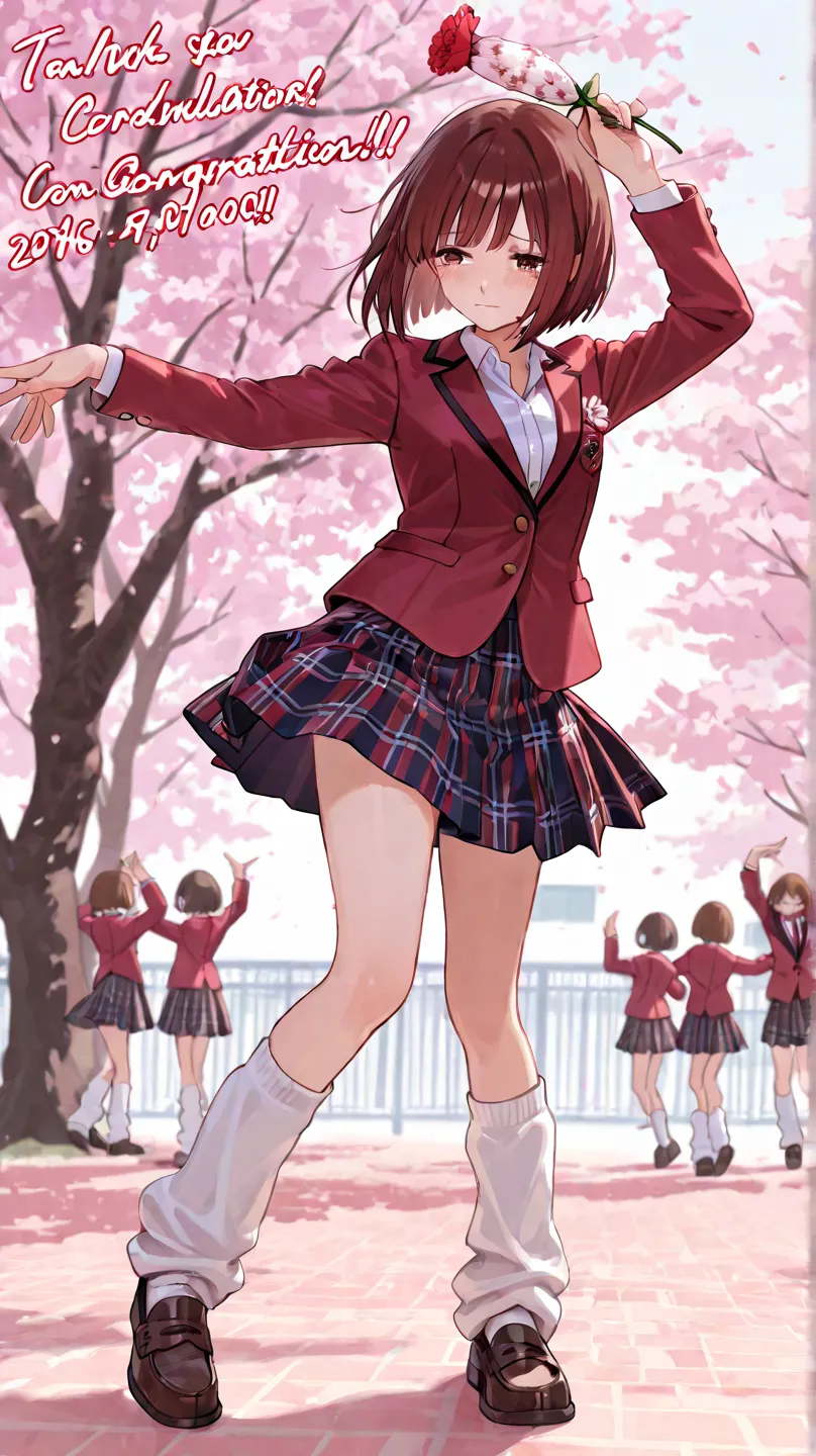 16K brown short bob hair high school girl with bangs, super delicate red blazer, white check skirt, loose socks, loafers, school attendance background, cherry blossom dancing, thin, tearful graduation congratulations, holding out a single carnation flower