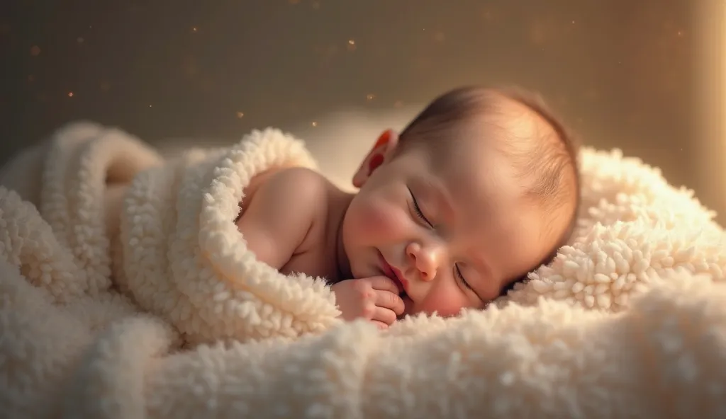 baby falls asleep, smiles,calm face ,  peaceful expression , comfortable posture,  Soft blanket , warm bedroom, soft light illuminates,  Quiet atmosphere ,  studio photography , oil paintings , high resolution,  extreme detail , soft colors, delicate light...