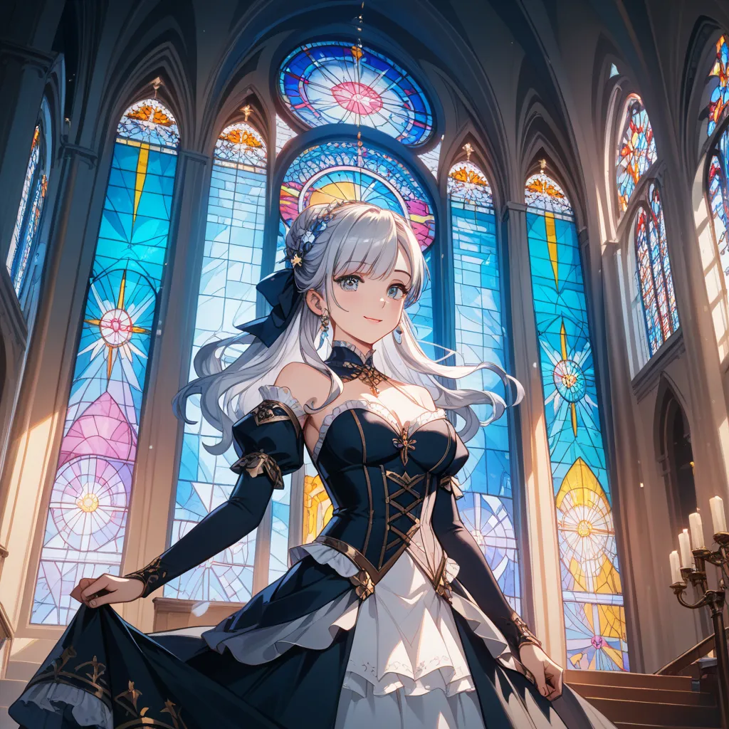 Inside a magnificent church, a young woman in her twenties stands gracefully. Her ultra-long silver hair flows down, shimmering softly, as it catches the warm, gentle sunlight filtering through the stained glass windows.  

Her eyes have a unique gradient,...