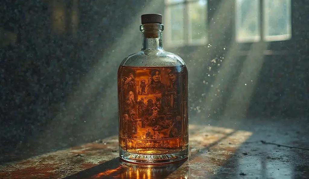  An alcohol bottle with reflections showing scenes of joy and despair.