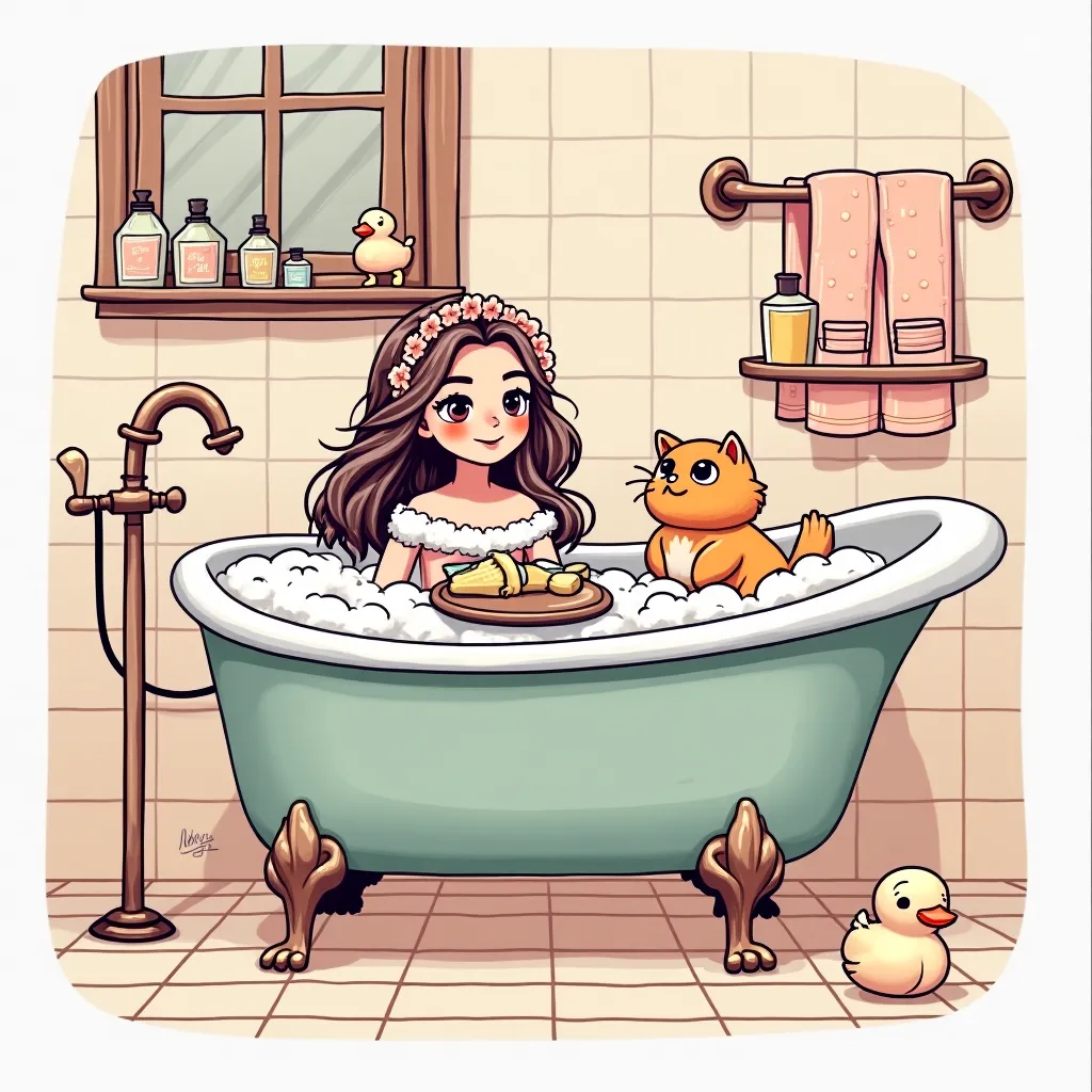 An adorable cozy cartoon-style illustration featuring a beautiful 18-year-old girl with long, wavy hair and delicate, stylized features, relaxing in a vintage clawfoot bathtub filled with fluffy bubbles. She has a serene expression, with a soft smile and d...