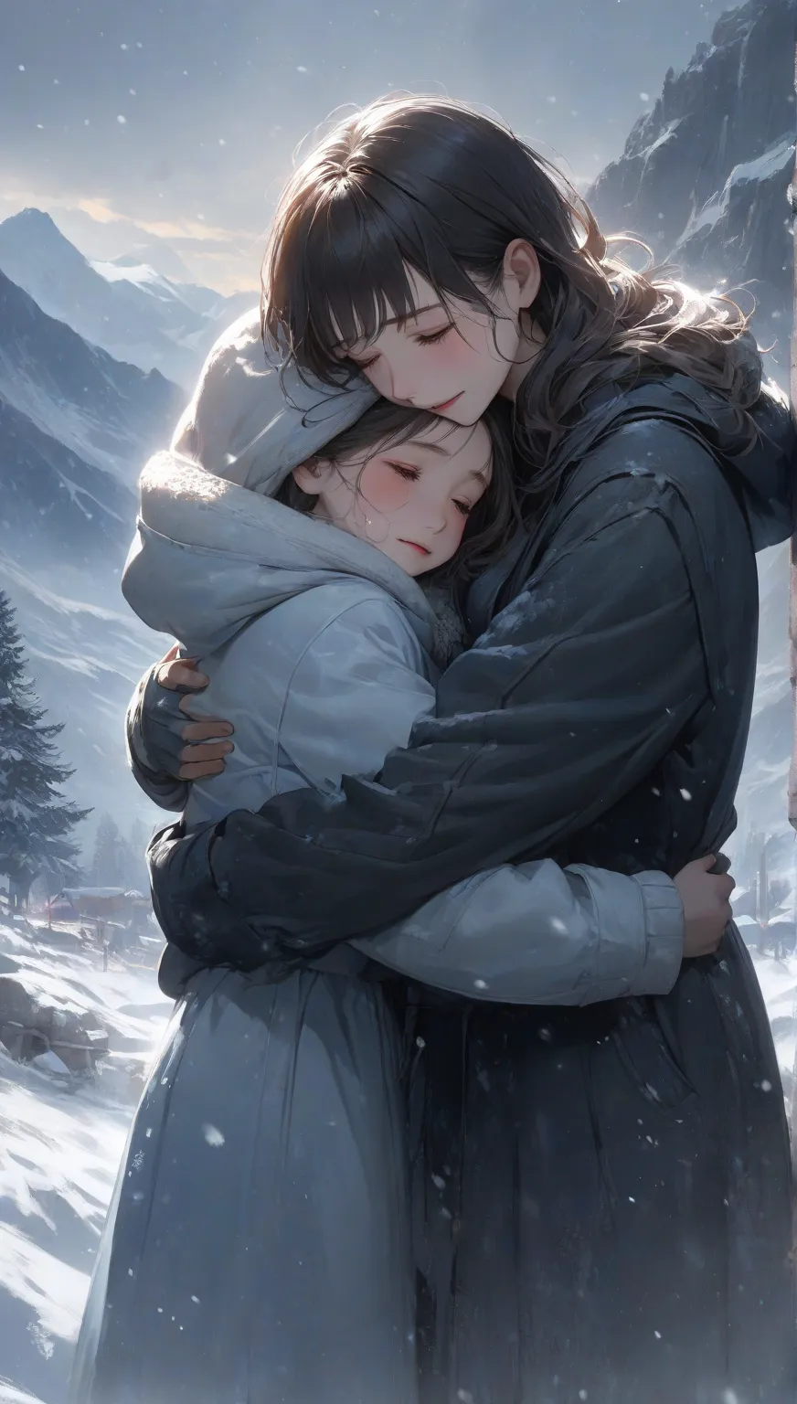 Extreme Resolution, illustration, Warm embrace,  An Exhausted Mother Hugs Her Son Strongly ,  Relief Overflowing from a Sense of Loss , Miraculous Rescue Drama ,  My son who got frostbitten is shedding tears from joy, Cold appearance ,  Revived Happiness ,...