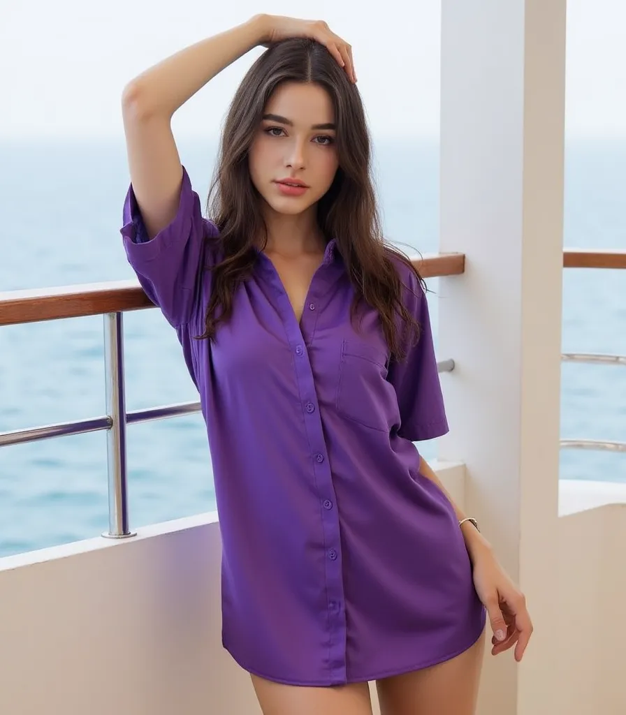 Full body photo portrait of beautiful anikha, wearing sexy purple satin silk shirt braless, wet t-shirt, nipples visible, deep cleavage upto her waist navel and long legs on a yacht sea view day scene , looking at viewer,, (realistic eyes, symmetric face:0...