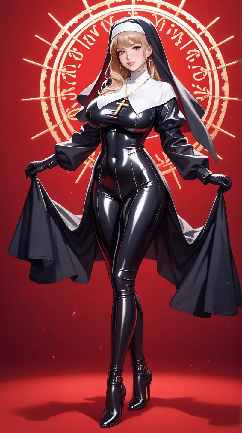 is the best quality, masterpiece,Hi-res,extremely fine CG unity 8k wallpaper,Realistic photos,red background,1 Girl,alone,and watch the audience, stands,full body,超级Big Breasts，Lemon 0033 , black onesie,Gloves,nun,veil,  cross necklace  ,(Smooth and shiny ...