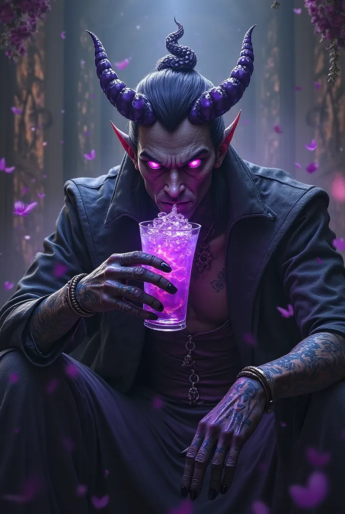 Sukuna drinking a purple iced drink